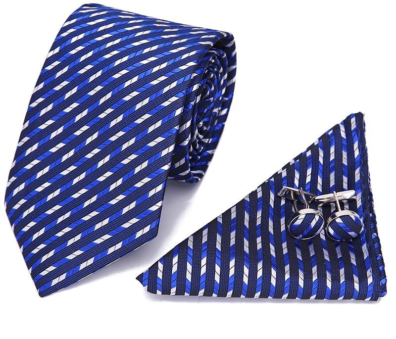 Luxusný SET – kravata, vreckovka, manžetové gombíky–modrá so vzorom, 100% hodváb