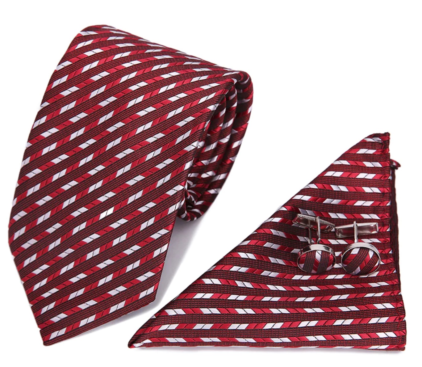 Luxusný SET–kravata,vreckovka,manžetové gombíky–červená so vzorom, 100% hodváb