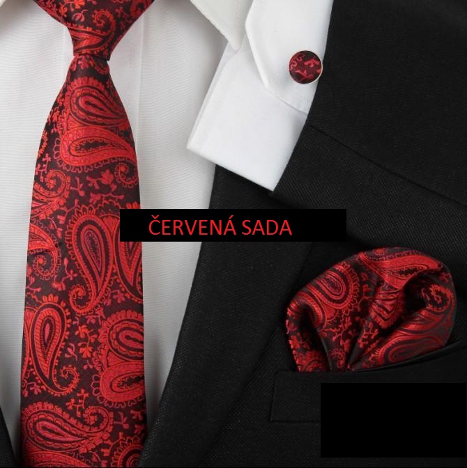 Luxusný SET – kravata, vreckovka, manžetové gombíky – červená, 100% hodváb, 