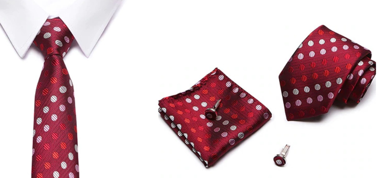 Luxusný SET–kravata,vreckovka,manžetové gombíky–červená-bodkový vzor,100% hodváb