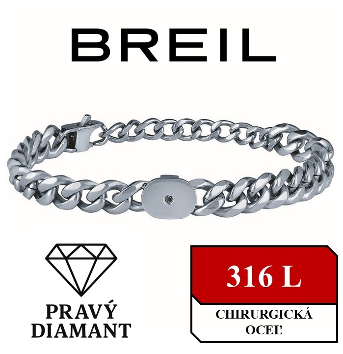 BREIL- oceľový pánsky náramok s čiernym diamantom; 21,5cm x 9mm (DxŠ)