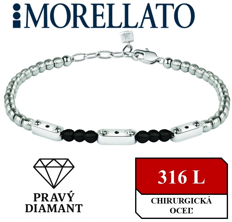 MORELLATO - oceľový pánsky náramok osadený tromi čiernymi diamantmi; 19-22cm