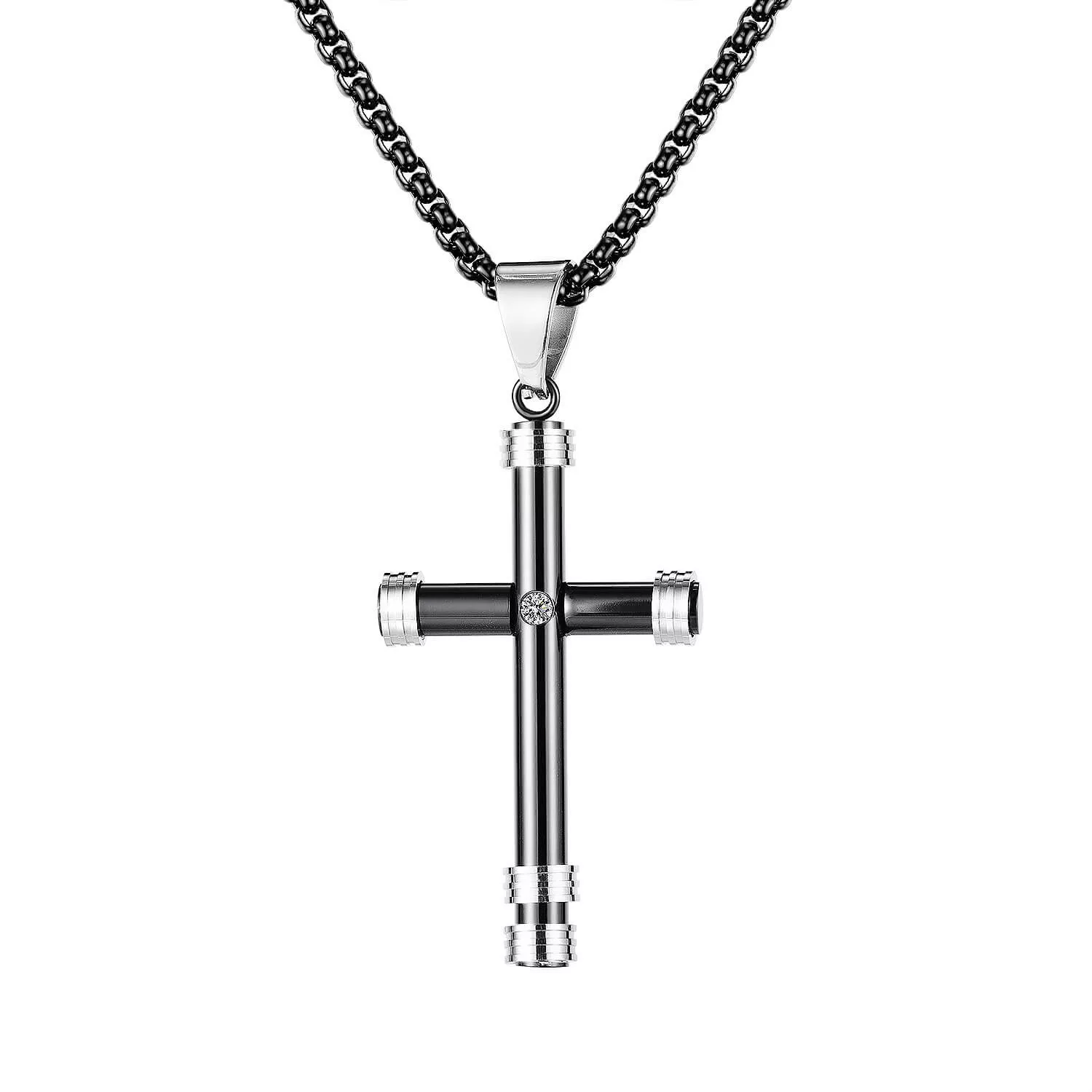 CRYSTAL CROSS BLACK - čierny oceľový kríž s retiazkou; 5,4cm x 3cm; 55cm x 3mm 