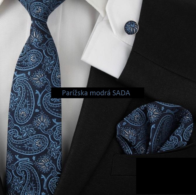 Luxusný SET – kravata, vreckovka, manžetové gombíky – modrá farba, 100% hodváb