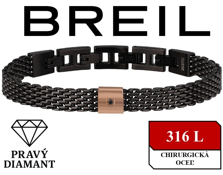 BREIL - pánsky diamantový náramok - čierna oceľ - max 21cm x 9mm (DxŠ)