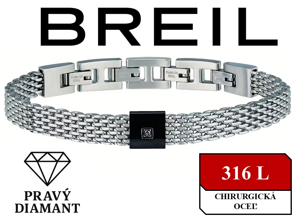 BREIL - pánsky oceľový náramok osadený pravým čiernym diamantom -max 21cm x9mm