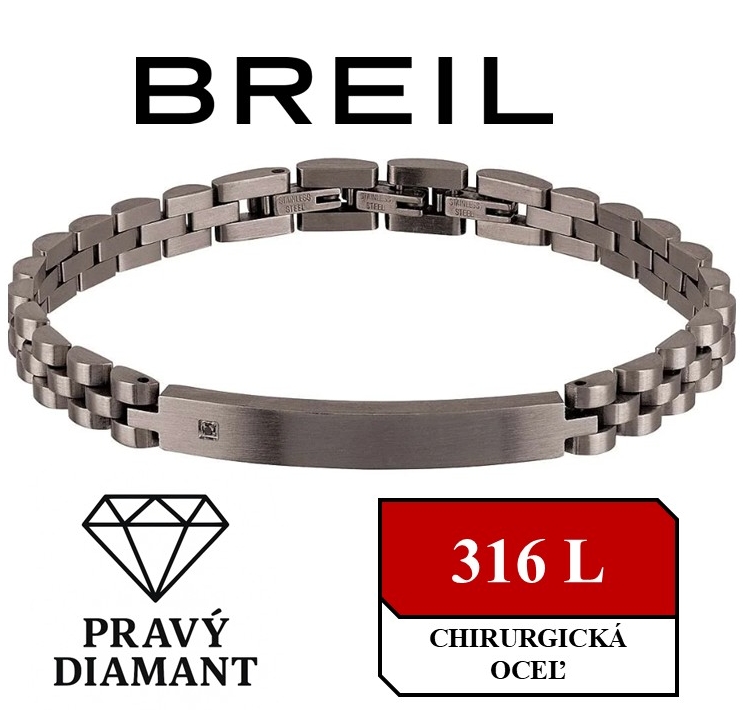 BREIL - pánsky náramok osadený čiernym diamantom; 19až 22cm