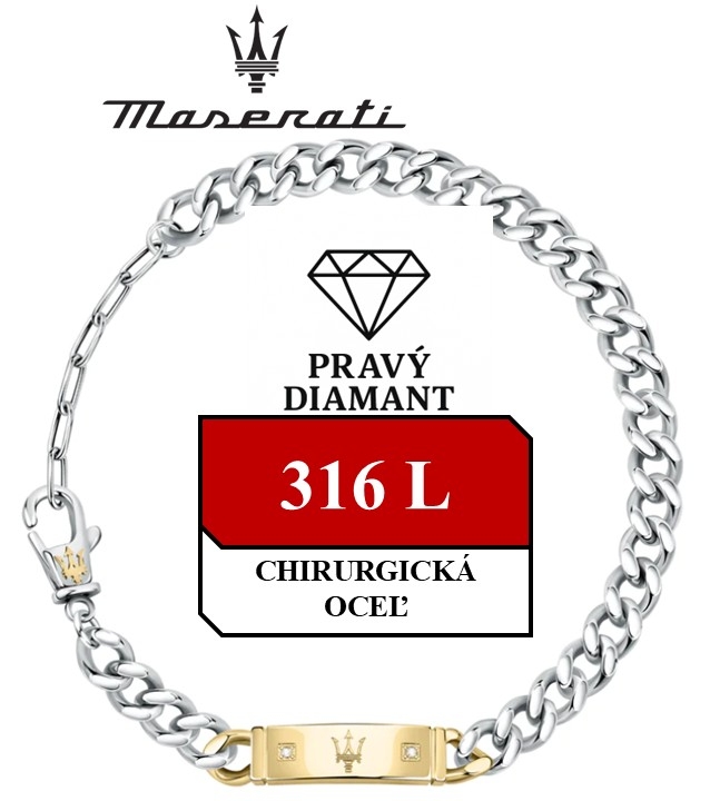 MASERATI - luxusný pánsky náramok osadený 2ks prírodnými diamantmi; 18,5 až 22cm