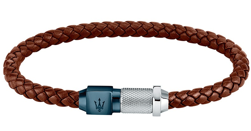 MASERATI - pánsky oceľový náramok + hnedá koža; dĺžka 21,5cm 