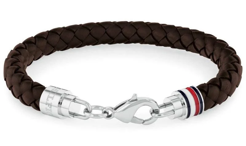 TOMMY HILFIGER - pánsky náramok - oceľ + hnedá koža; dĺžka cca 22cm