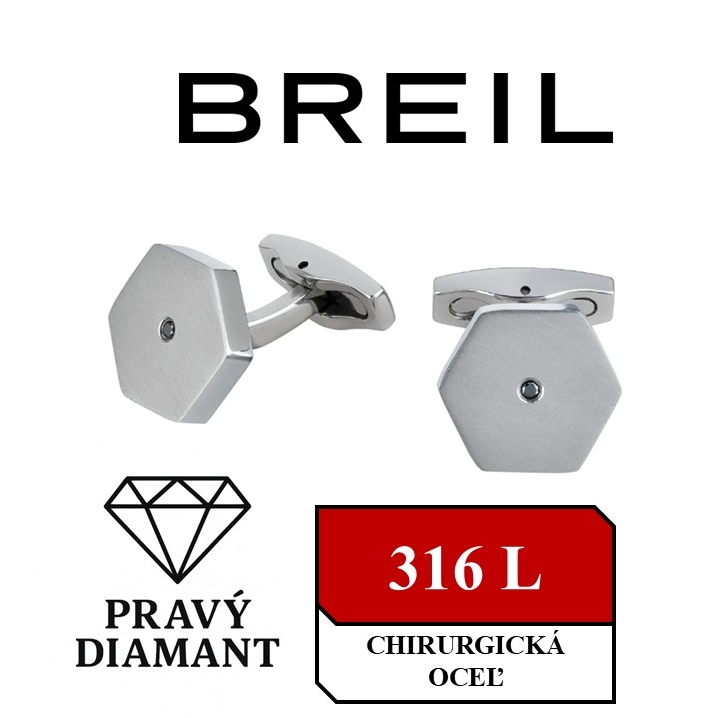 BREIL - oceľové manžetové gombíky osadené s čiernymi diamantmi; 